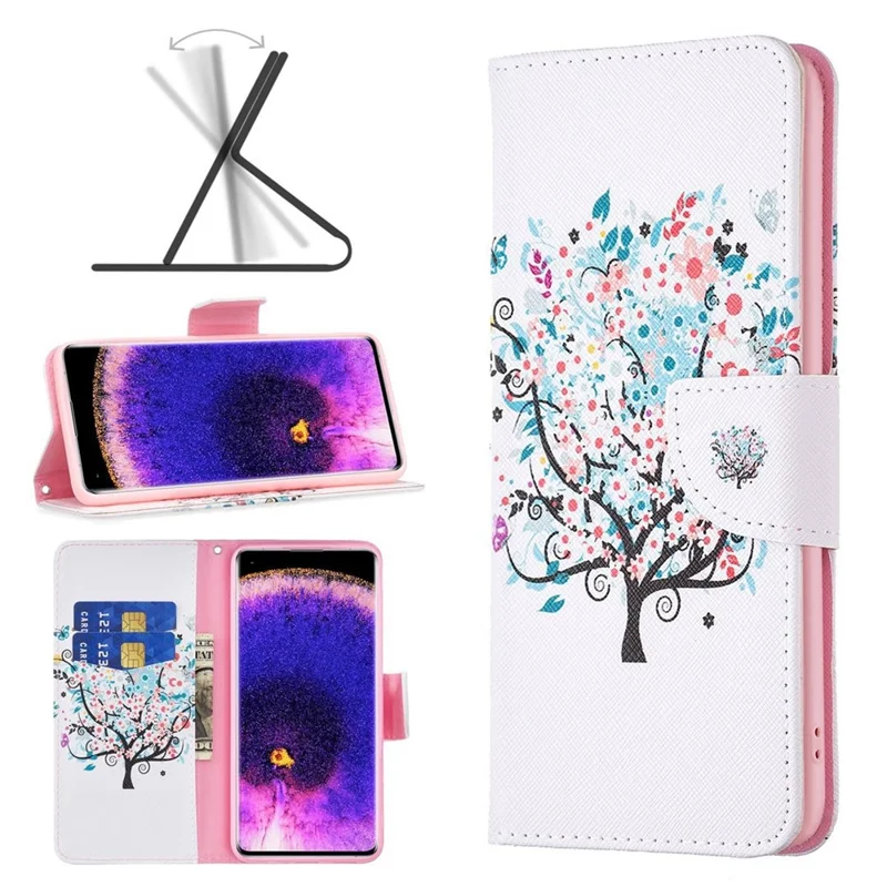 For Oppo A57 (2022) 5G / A77 5G Phone Case Pattern Printing PU Leather Wallet Stand Cover - Flower Tree