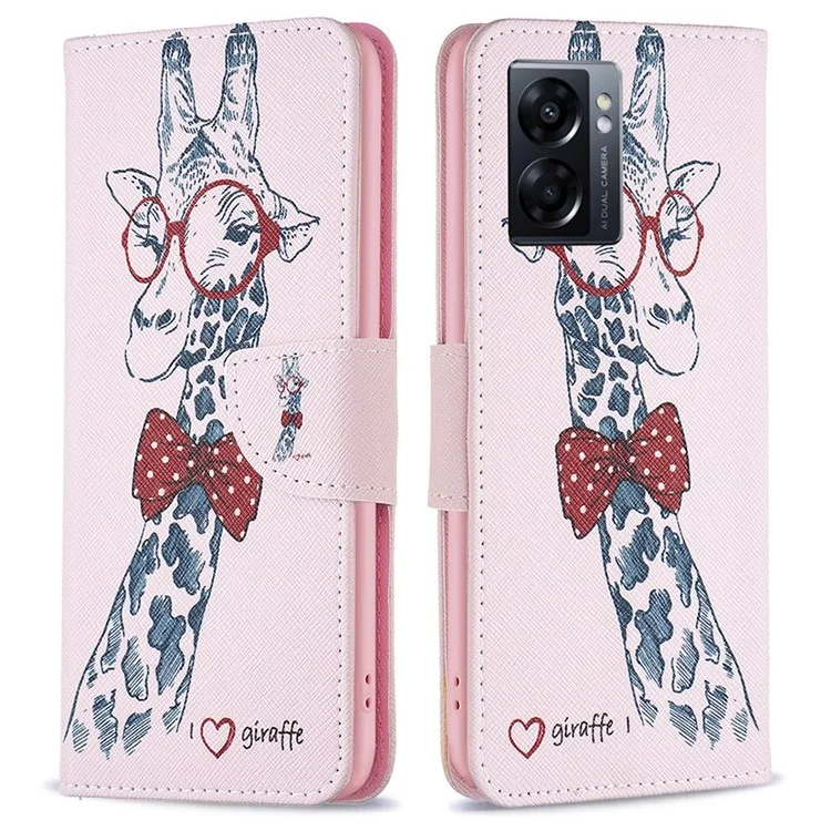 For Oppo A57 (2022) 5G / A77 5G Phone Case Pattern Printing PU Leather Wallet Stand Cover - Giraffe