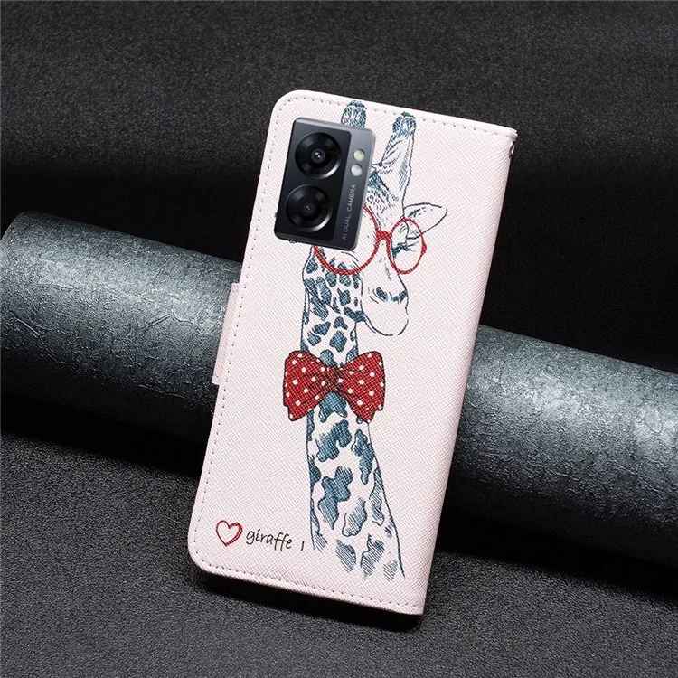 For Oppo A57 (2022) 5G / A77 5G Phone Case Pattern Printing PU Leather Wallet Stand Cover - Giraffe