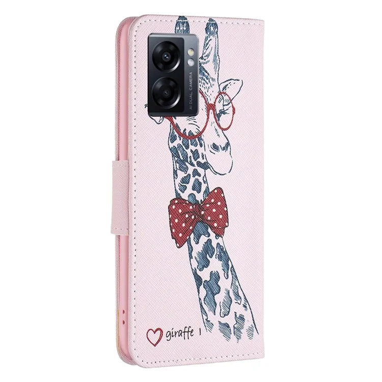 For Oppo A57 (2022) 5G / A77 5G Phone Case Pattern Printing PU Leather Wallet Stand Cover - Giraffe
