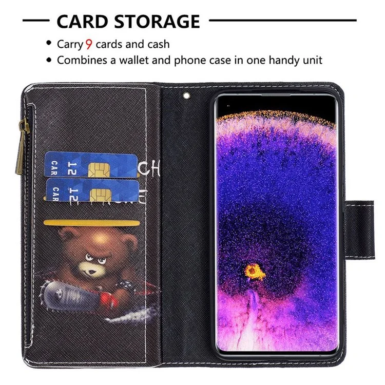 Кожаная серия с узором BF Pattern Printing для Oppo Reno7 4G/F21 Pro 4G, чехол-кошелек из искусственной кожи с застежкой-молнией, 03-Style, защитный чехол со стойкой - Медведь