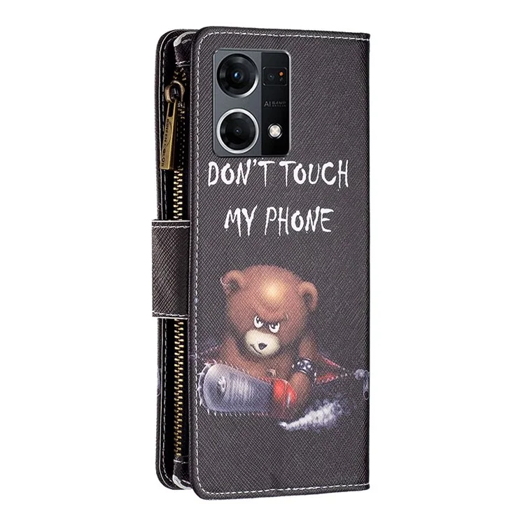 Кожаная серия с узором BF Pattern Printing для Oppo Reno7 4G/F21 Pro 4G, чехол-кошелек из искусственной кожи с застежкой-молнией, 03-Style, защитный чехол со стойкой - Медведь