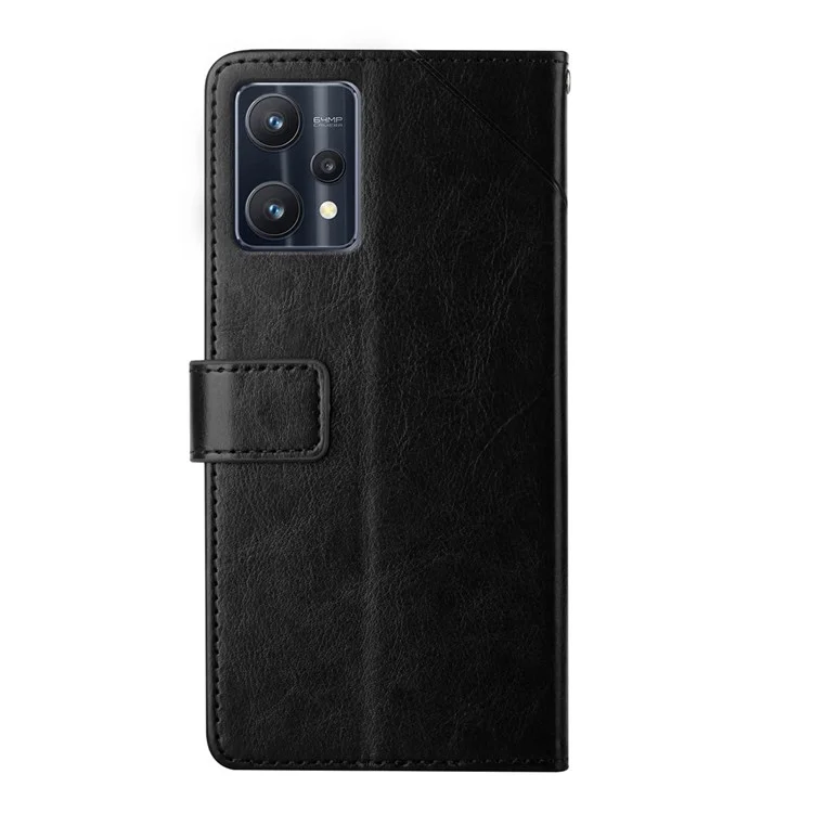 HT01 For Realme V25 / Realme 9 Pro 5G / 9 5G / OnePlus Nord CE 2 Lite 5G Y-Shaped Lines Imprinted PU Leather + TPU Phone Case with Wallet Stand - Black