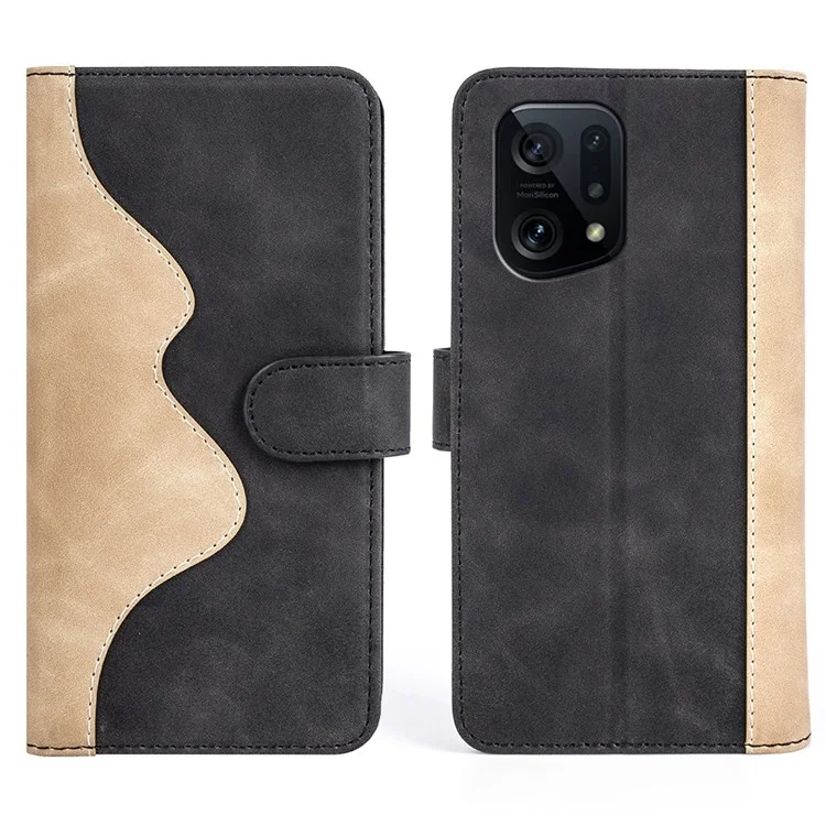 Для Oppo Find X5 Folio Flip Magnetic Закрытие Антипроводного Корпуса Дизайн Сплайсинга Стенд Функция Кошелька Кожаная Телефонная Крышка - Черный
