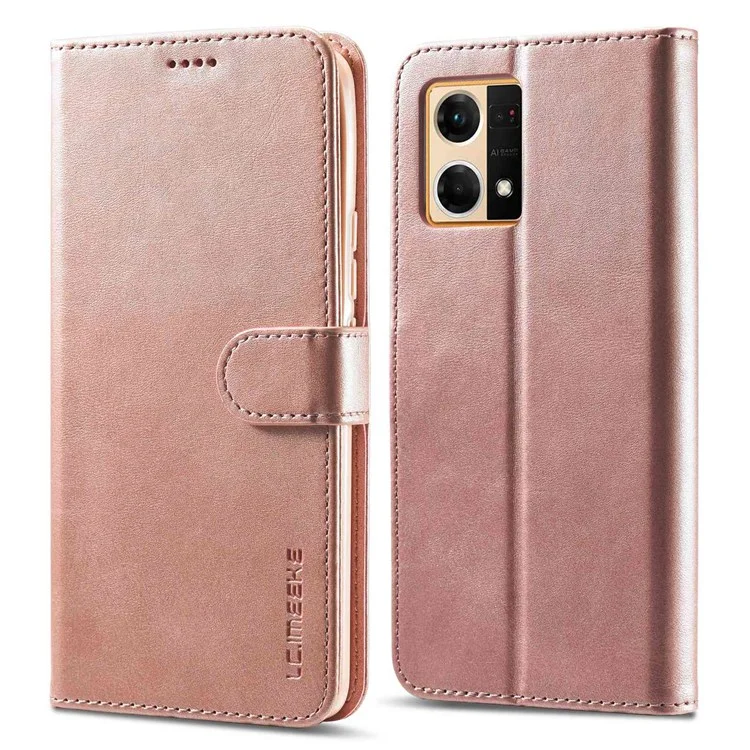 LC.IMEEKE Leather Wallet Phone Case for Oppo Reno7/F21 Pro 4G, Wallet Design Textured Leather Phone Shell with Adjustable Stand - Pink