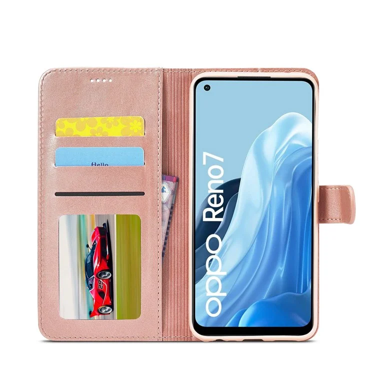 LC.IMEEKE Leather Wallet Phone Case for Oppo Reno7/F21 Pro 4G, Wallet Design Textured Leather Phone Shell with Adjustable Stand - Pink