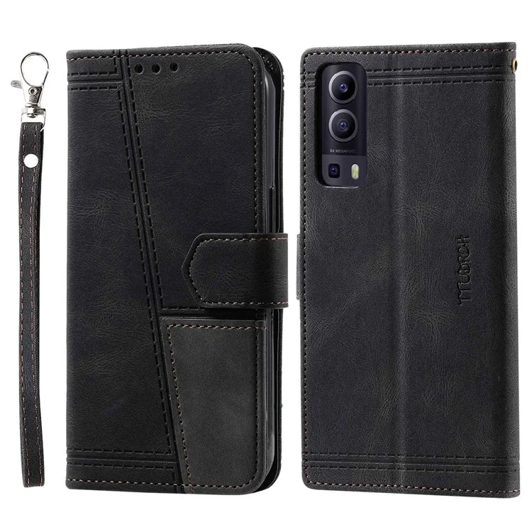 TTUDRCH 004 Skin-touch Leather Splicing Phone Cover for vivo Y72 5G, RFID Blocking Stand Flip Wallet Case with Strap - Black