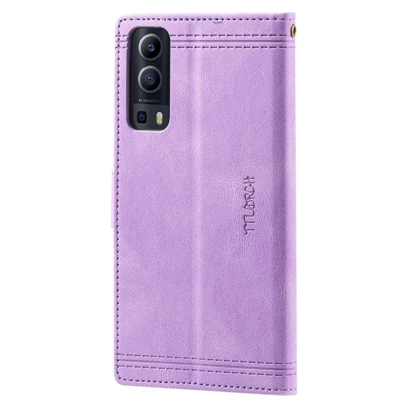 TTUDRCH 004 Skin-touch Leather Splicing Phone Cover for vivo Y72 5G, RFID Blocking Stand Flip Wallet Case with Strap - Purple