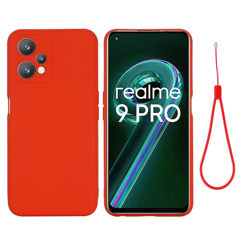 For Realme 9 Pro 5G / 9 5G / V25 Slim Liquid Silicone Case Scratch-Resistant Microfiber Lining Lens Camera Protection Back Cover with Strap - Red