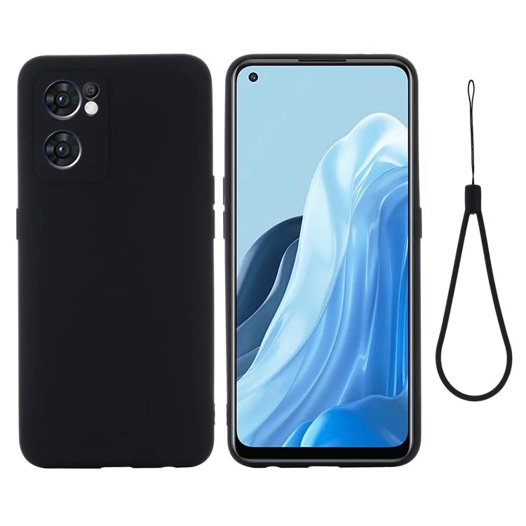 For Oppo Reno7 5G (Global)/Find X5 Lite Soft Liquid Silicone Cover Anti-Scratch Microfiber Lining Camera Protective Case with Strap - Black