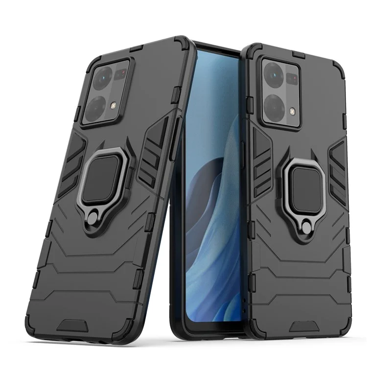 For Oppo Reno7/F21 Pro 4G Ring Kickstand Rugged Protective Cover Shockproof Hard PC Soft TPU Frame Drop-Proof Case - Black