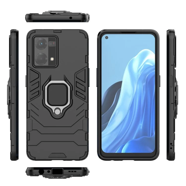 For Oppo Reno7/F21 Pro 4G Ring Kickstand Rugged Protective Cover Shockproof Hard PC Soft TPU Frame Drop-Proof Case - Black