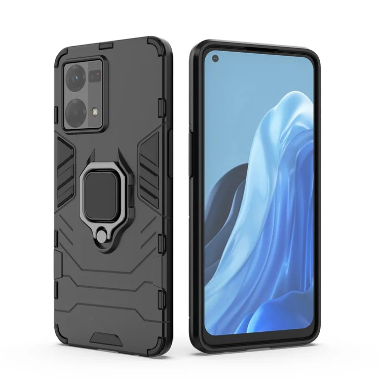 For Oppo Reno7/F21 Pro 4G Ring Kickstand Rugged Protective Cover Shockproof Hard PC Soft TPU Frame Drop-Proof Case - Black