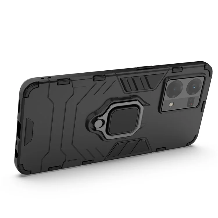 For Oppo Reno7/F21 Pro 4G Ring Kickstand Rugged Protective Cover Shockproof Hard PC Soft TPU Frame Drop-Proof Case - Black