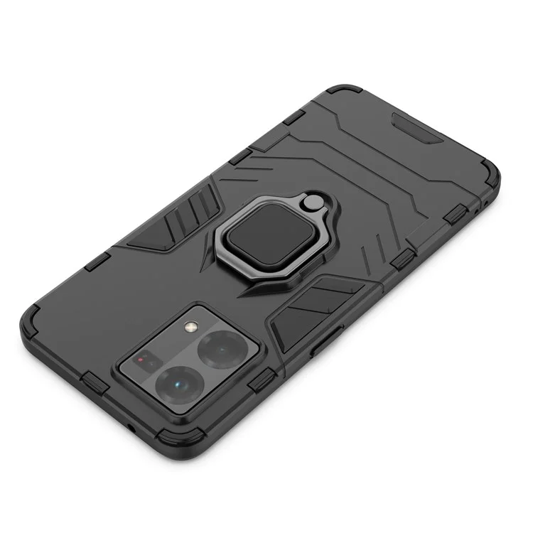 For Oppo Reno7/F21 Pro 4G Ring Kickstand Rugged Protective Cover Shockproof Hard PC Soft TPU Frame Drop-Proof Case - Black