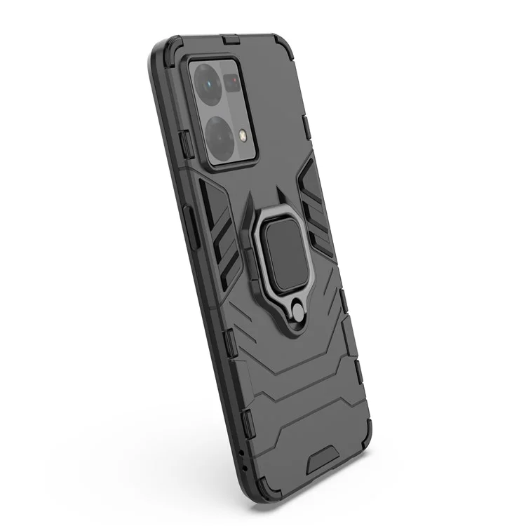 For Oppo Reno7/F21 Pro 4G Ring Kickstand Rugged Protective Cover Shockproof Hard PC Soft TPU Frame Drop-Proof Case - Black