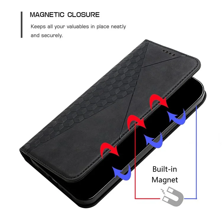 For Oppo A96 (China)/Reno7 Z 5G/OnePlus Nord N20 5G Stand Design Phone Case PU Leather Rhombus Pattern Imprinted Magnetic Auto-absorbed Shockproof Cover with Wallet - Black