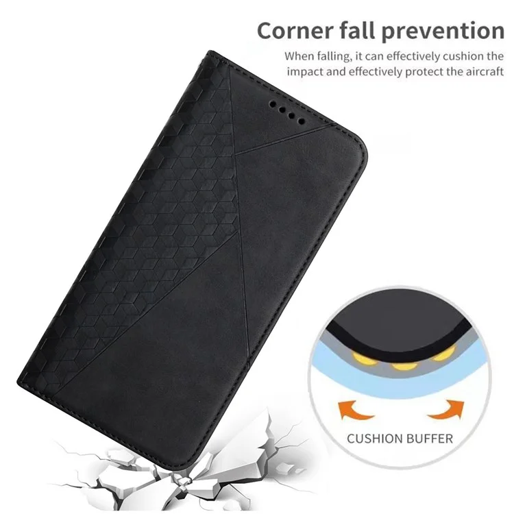 For Oppo A96 (China)/Reno7 Z 5G/OnePlus Nord N20 5G Stand Design Phone Case PU Leather Rhombus Pattern Imprinted Magnetic Auto-absorbed Shockproof Cover with Wallet - Black