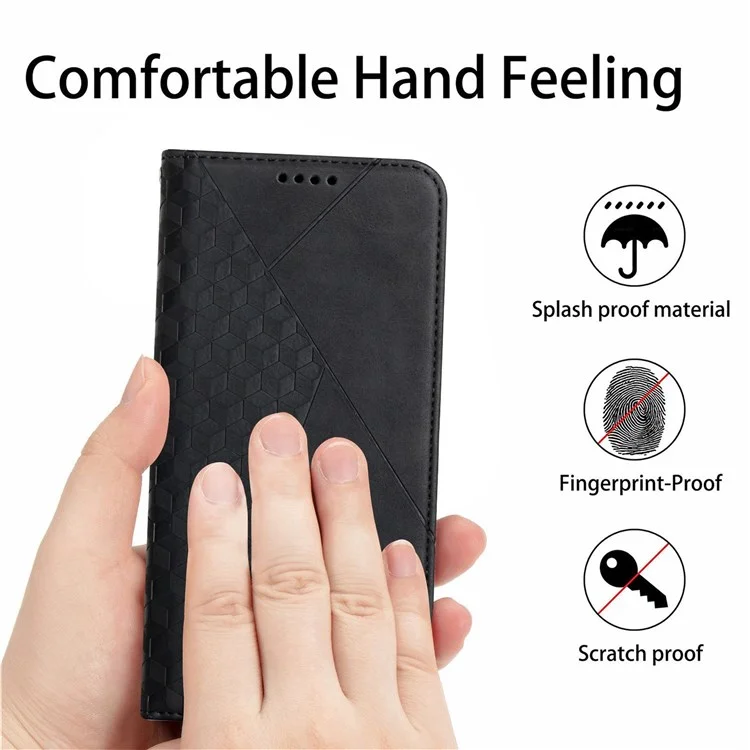 For Oppo A96 (China)/Reno7 Z 5G/OnePlus Nord N20 5G Stand Design Phone Case PU Leather Rhombus Pattern Imprinted Magnetic Auto-absorbed Shockproof Cover with Wallet - Black