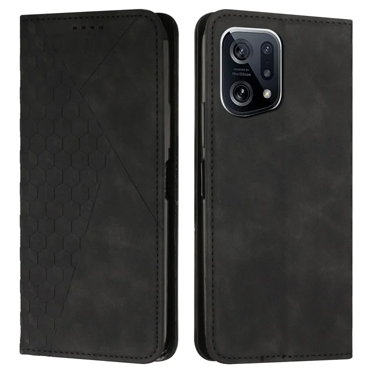 PU Leather + TPU Phone Case for Oppo Find X5, Magnetic Absorption Adjustable Stand Design Rhombus Pattern Imprinted Anti-drop Cover with Wallet - Black