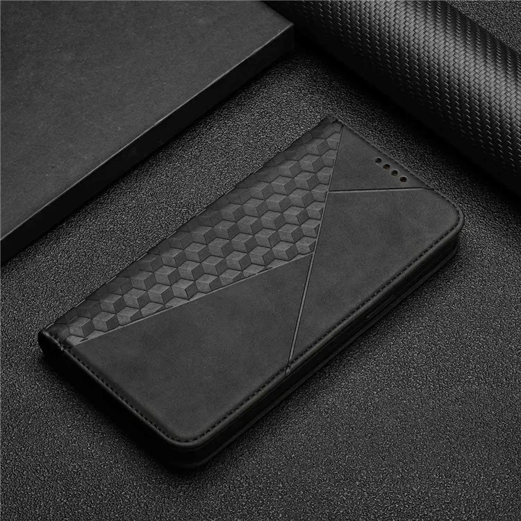 PU Leather + TPU Phone Case for Oppo Find X5, Magnetic Absorption Adjustable Stand Design Rhombus Pattern Imprinted Anti-drop Cover with Wallet - Black