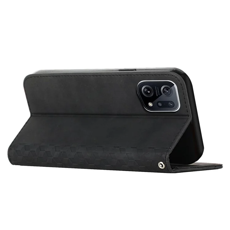 PU Leather + TPU Phone Case for Oppo Find X5, Magnetic Absorption Adjustable Stand Design Rhombus Pattern Imprinted Anti-drop Cover with Wallet - Black