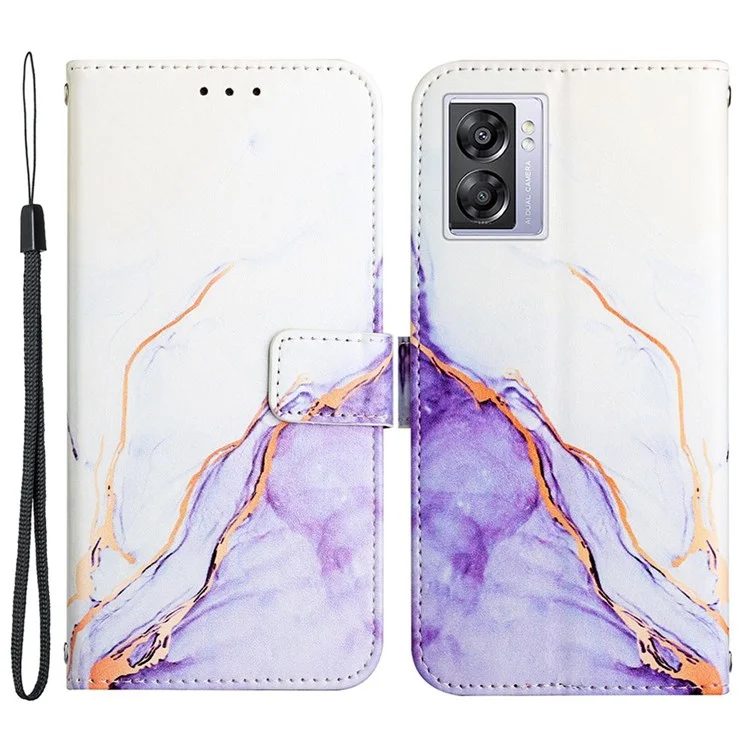 Узорная Печать Кожа Серии-5 Для Oppo A57 (2022) 5G / A77 5G Marble Pattern Chare Case Case Кожаный Кошелек - Белый / Фиолетовый 006