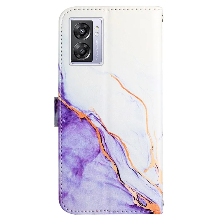 Узорная Печать Кожа Серии-5 Для Oppo A57 (2022) 5G / A77 5G Marble Pattern Chare Case Case Кожаный Кошелек - Белый / Фиолетовый 006