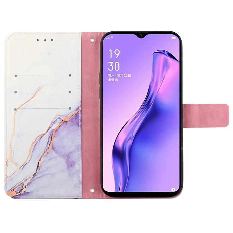 Impressão de Padrões Série de Couro 5 Para o Oppo A57 (2022) 5G / A77 5G Padrão de Mármore Protetor Telefônico PU Pullet Stand Stand Chawl Capa de Proteção Tape - Branco / Roxo 006