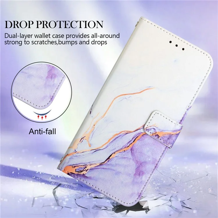 Pattern Printing Leather Series-5 for Oppo A57 (2022) 5G / A77 5G Marble Pattern Phone Guard Case PU Leather Wallet Stand Shell Protective Flip Cover - White / Purple 006