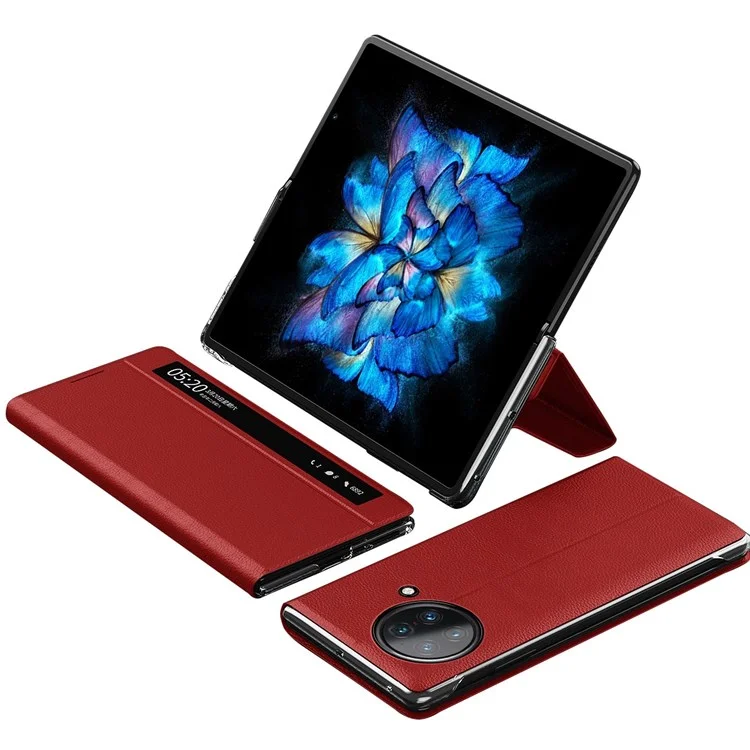 Посмотреть Окно PU Кожаный Чехол Для Vivo X Fold, Подставьте Складную Крышку Телефона с Кнопкой Touch Slide - Красный