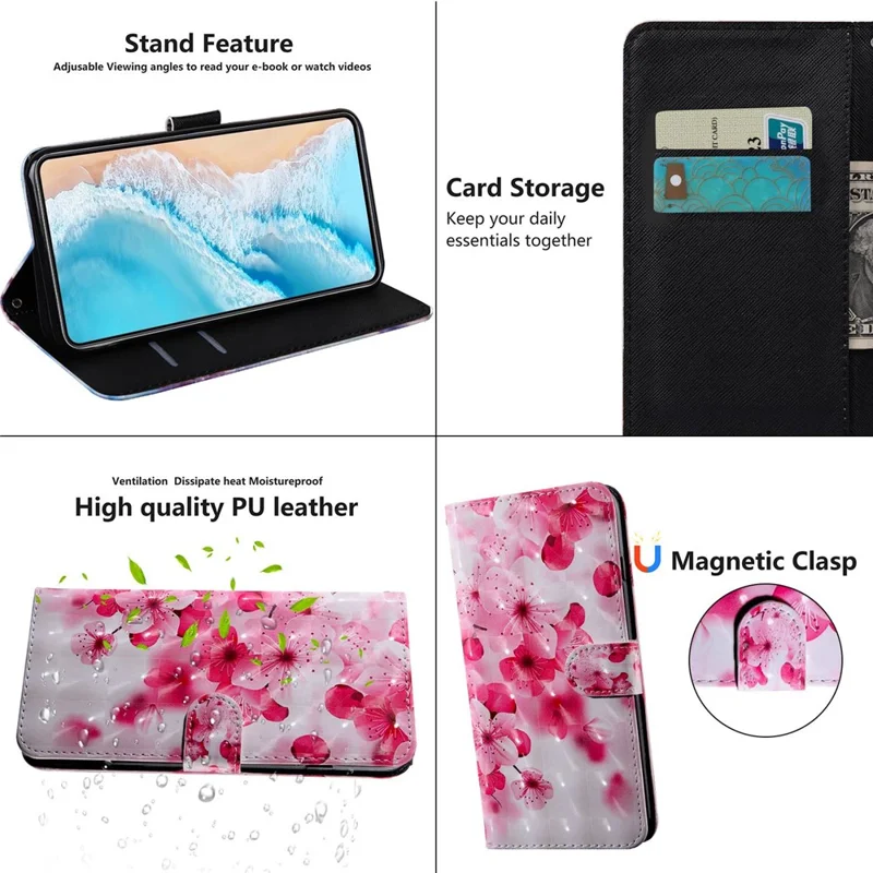 For Oppo A54 5G/A74 5G Anti-fall Wallet Phone Case Pattern Printing Phone Protector PU Leather Stand Cover - Peach Blossom