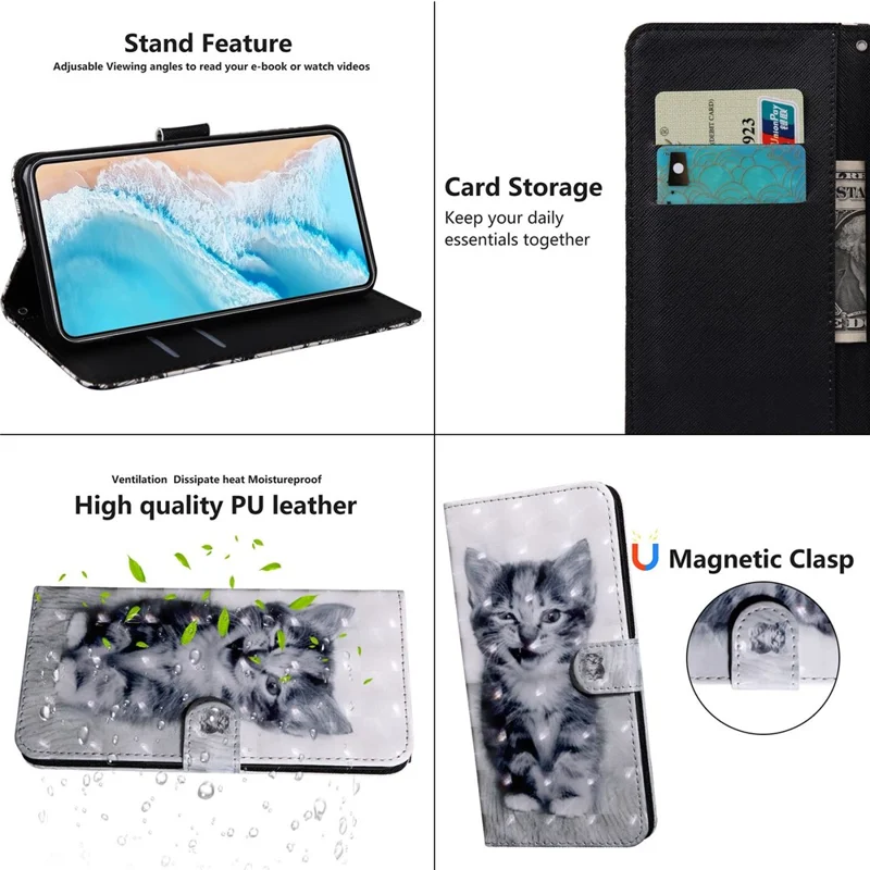 For Oppo A54 5G/A74 5G Anti-fall Wallet Phone Case Pattern Printing Phone Protector PU Leather Stand Cover - Cat