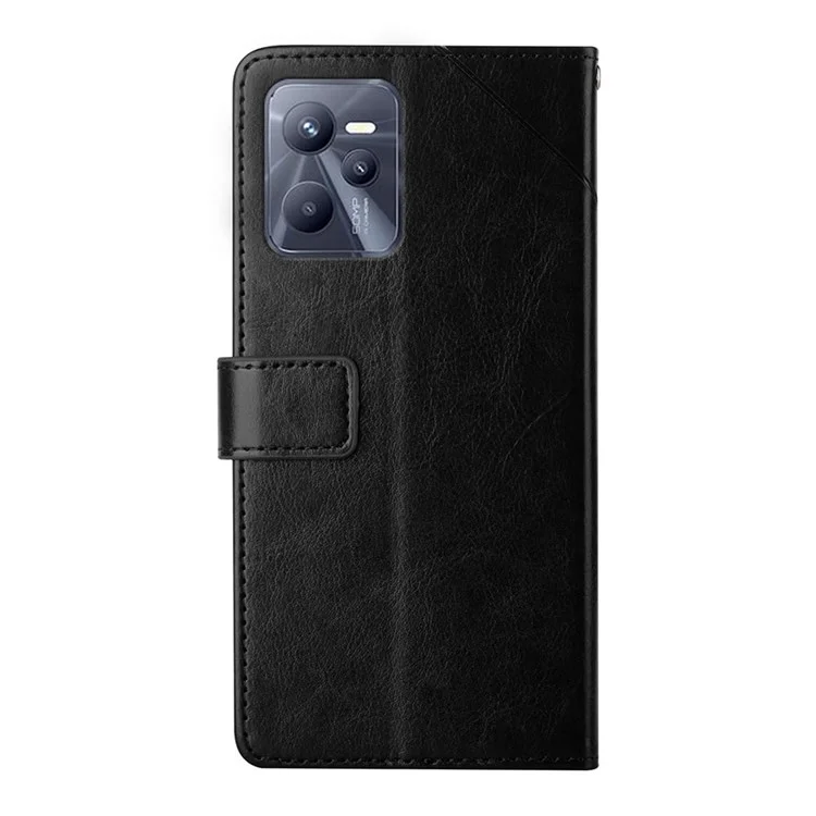 HT01 For Realme C35 Mobile Phone Case PU Leather Y-Shaped Lines Imprinting Wallet Stand Phone Cover - Black
