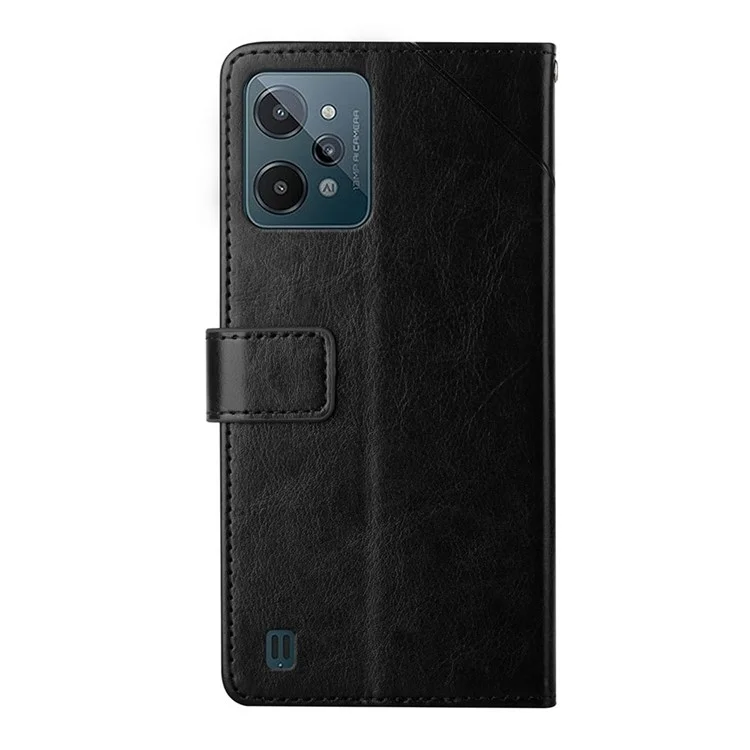 HT01 For Realme C31 PU Leather Mobile Phone Case Bag Y-Shaped Lines Imprinting Wallet Stand Phone Cover - Black