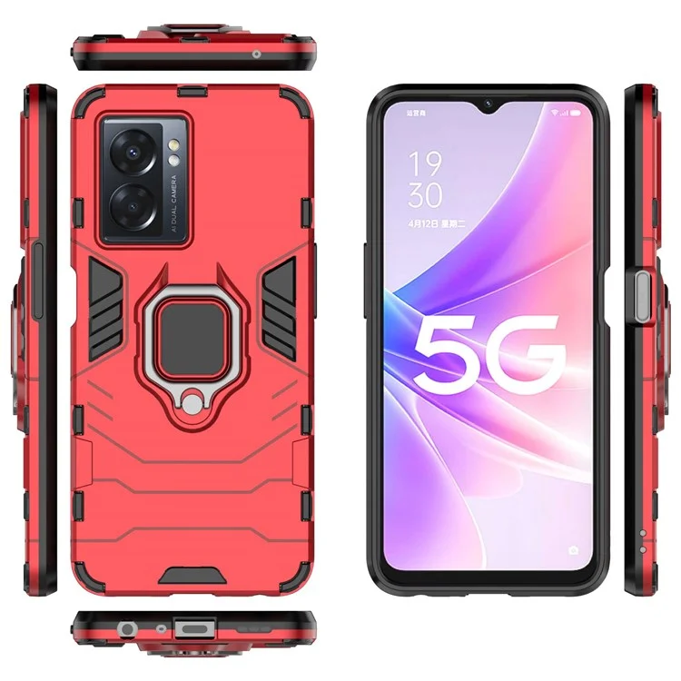 Per Oppo A57 (2022) 5G / A77 5G Ring Kickstand Cover Robusto Copertina Per Telefono Resistente Resistente PC Morbido TPU Custodia Protettiva - Rosso