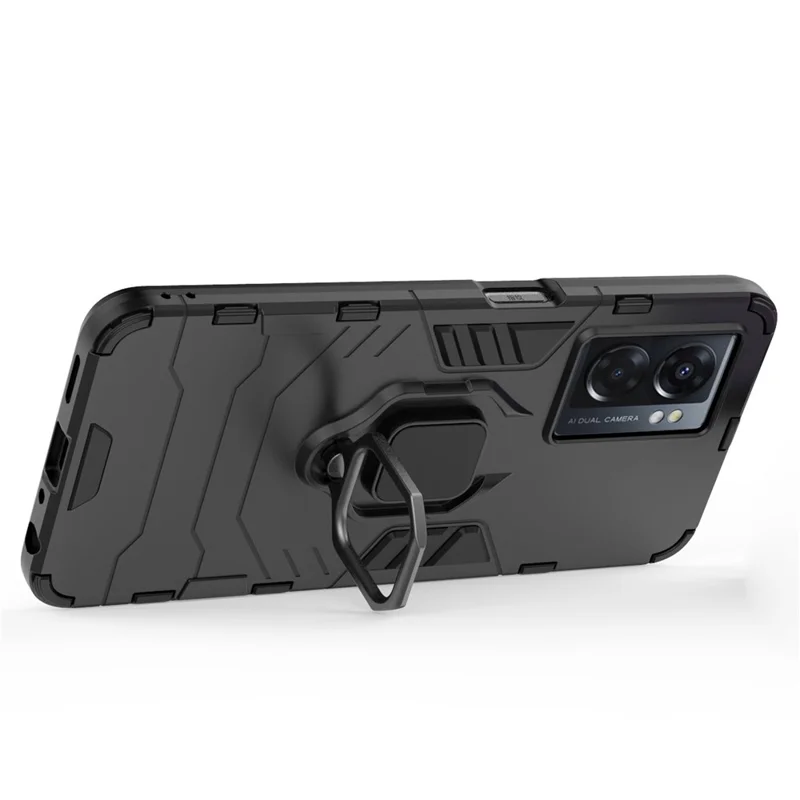 For Oppo A57 (2022) 5G / A77 5G / OnePlus Nord N300 5G Ring Kickstand Rugged Phone Cover Wear-resistant Hard PC Soft TPU Frame Protective Case - Black