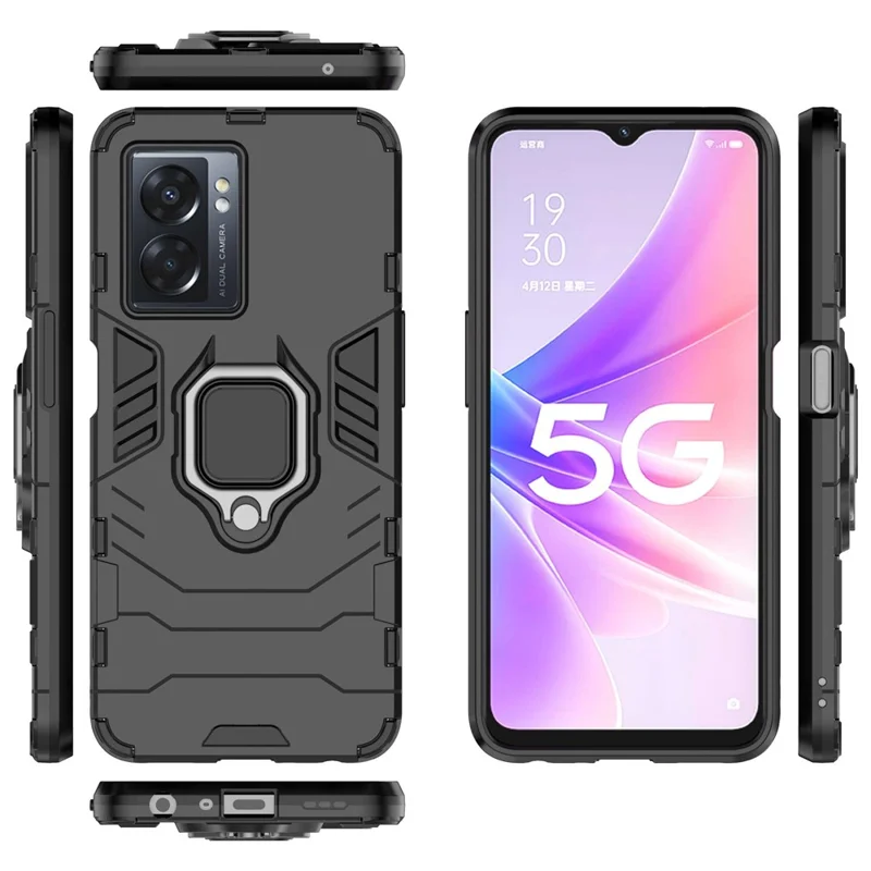 For Oppo A57 (2022) 5G / A77 5G / OnePlus Nord N300 5G Ring Kickstand Rugged Phone Cover Wear-resistant Hard PC Soft TPU Frame Protective Case - Black
