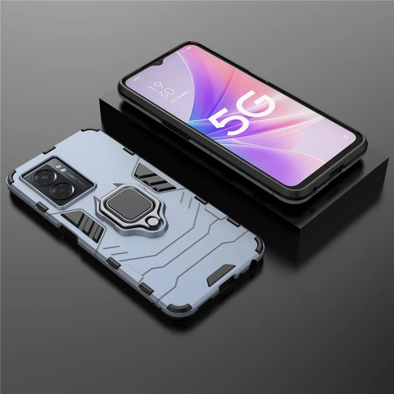 Para Oppo A57 (2022) 5G / A77 5G / OnePlus Nord N300 5G Ring Kickstand Rugged Phone Cover Wear-resistant Hard PC Soft TPU Frame Protective Case - Azul