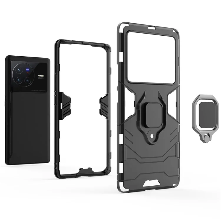 Ring Kickstand Phone Cover for vivo X80 5G, Hard PC Soft TPU Shockproof Smartphone Cover - Black