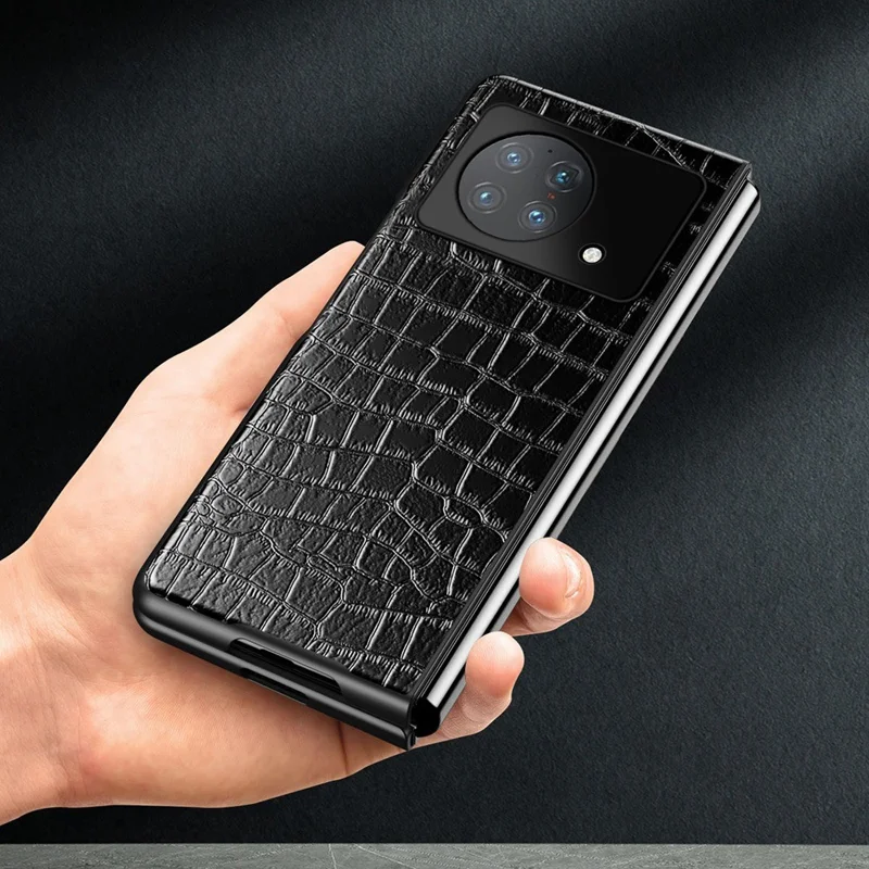 Anti-Drop Phone Case for vivo X Fold Scratch-Resistant Folded Crocodile Leather Coated Phone Protector - Black