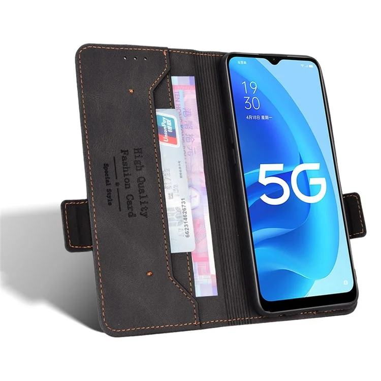 Для Oppo A55s 5G Shock-resean Teame Кожаный Кошелек Flip Protection Case Case Stand TPU Внутренняя Оболочка Против Царапины - Черный