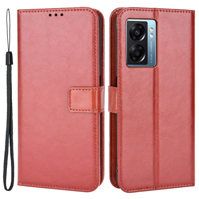 For Oppo A57 (2022) 5G / A77 5G Crazy Horse Texture PU Leather Phone Case Magnetic Closure Wrist Strap Stand Function Protective Cover with Wallet - Brown