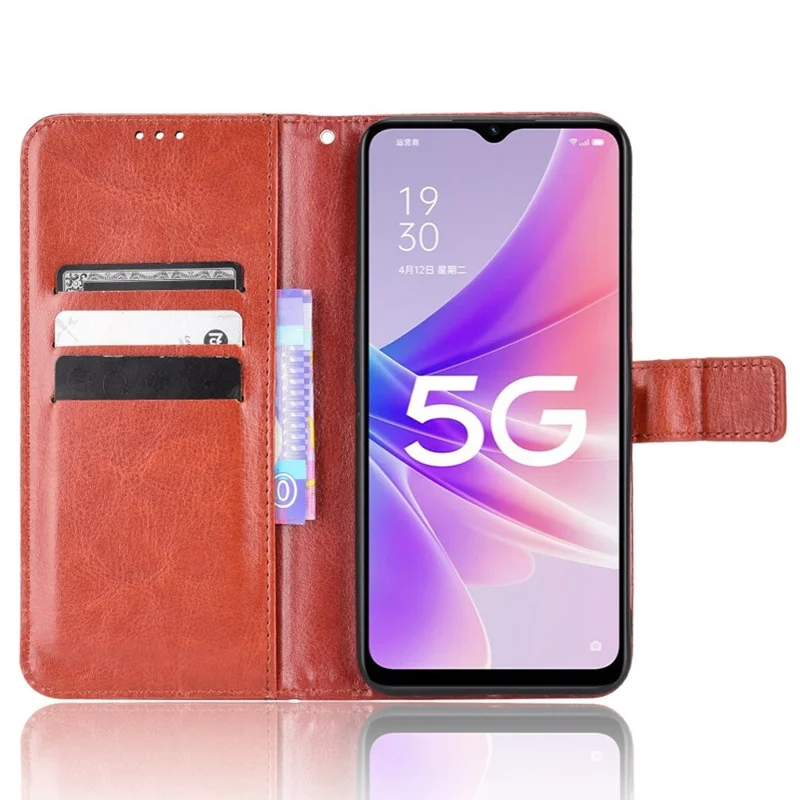 For Oppo A57 (2022) 5G / A77 5G Crazy Horse Texture PU Leather Phone Case Magnetic Closure Wrist Strap Stand Function Protective Cover with Wallet - Brown