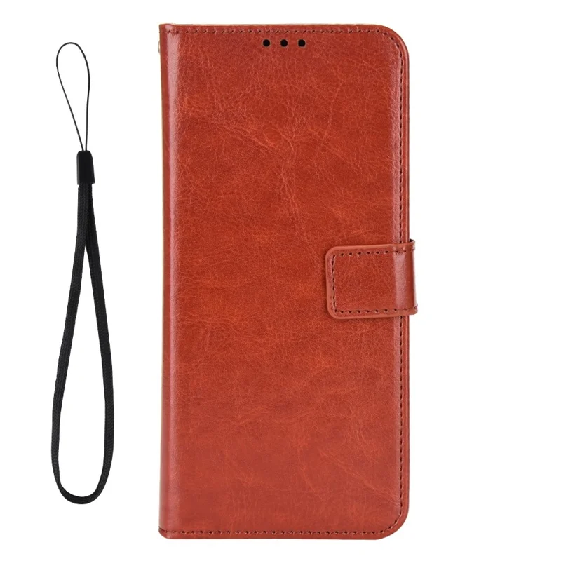 For Oppo A57 (2022) 5G / A77 5G Crazy Horse Texture PU Leather Phone Case Magnetic Closure Wrist Strap Stand Function Protective Cover with Wallet - Brown