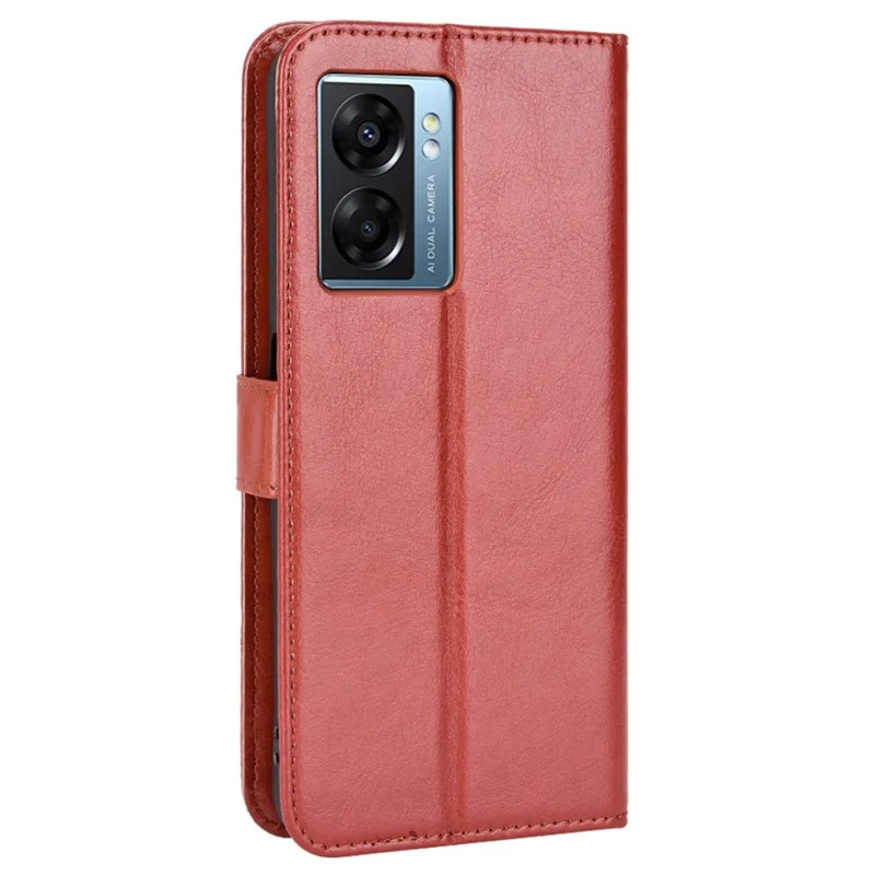 For Oppo A57 (2022) 5G / A77 5G Crazy Horse Texture PU Leather Phone Case Magnetic Closure Wrist Strap Stand Function Protective Cover with Wallet - Brown