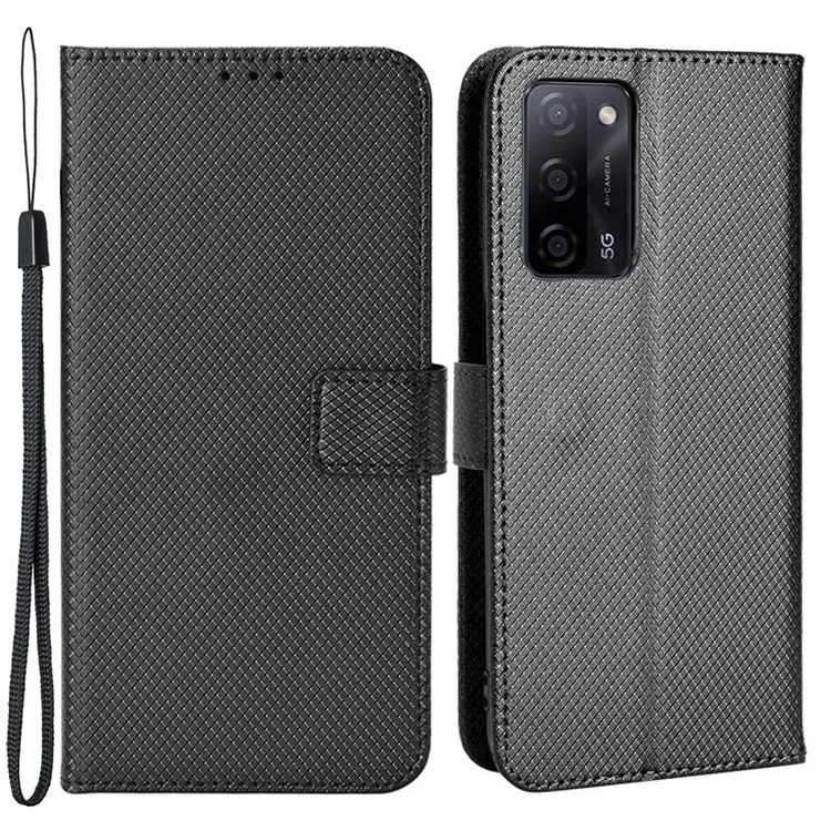 Diamond Texture PU Leather Case for Oppo A55 5G/A53s 5G, Folio Flip Wallet Phone Stand Case with Handy Strap - Black
