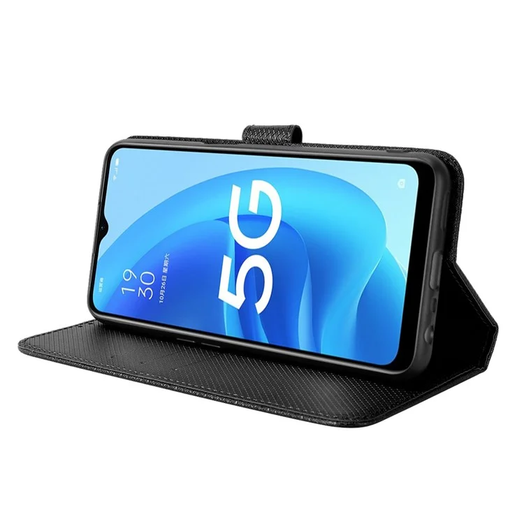 Diamond Texture PU Leather Case for Oppo A55 5G/A53s 5G, Folio Flip Wallet Phone Stand Case with Handy Strap - Black