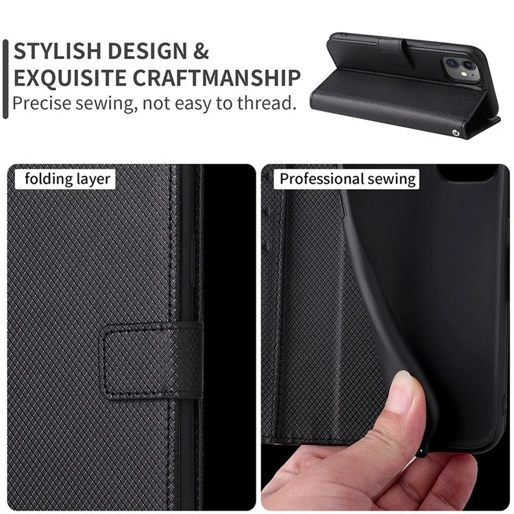 Diamond Texture PU Leather Case for Oppo A55 5G/A53s 5G, Folio Flip Wallet Phone Stand Case with Handy Strap - Black