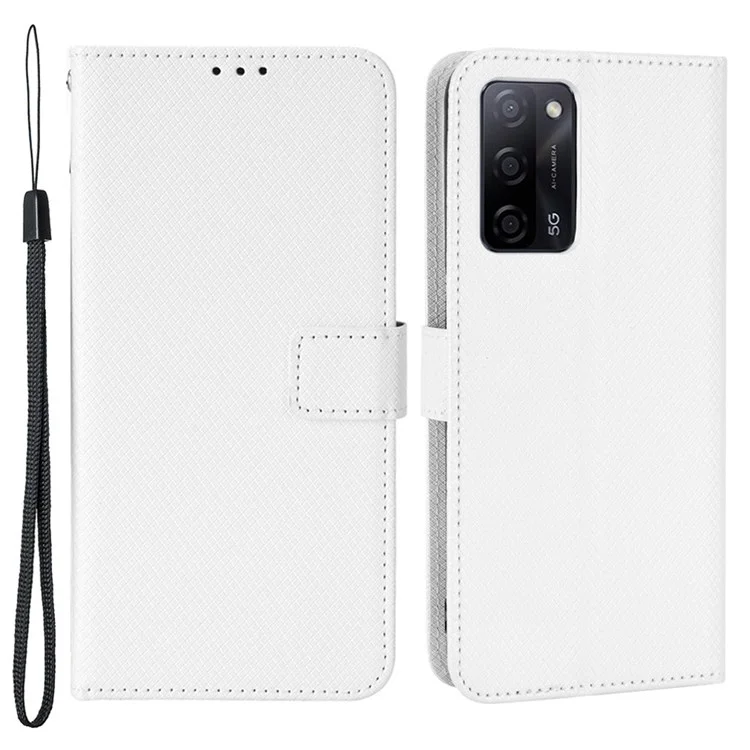 Diamond Texture PU Leather Case for Oppo A55 5G/A53s 5G, Folio Flip Wallet Phone Stand Case with Handy Strap - White